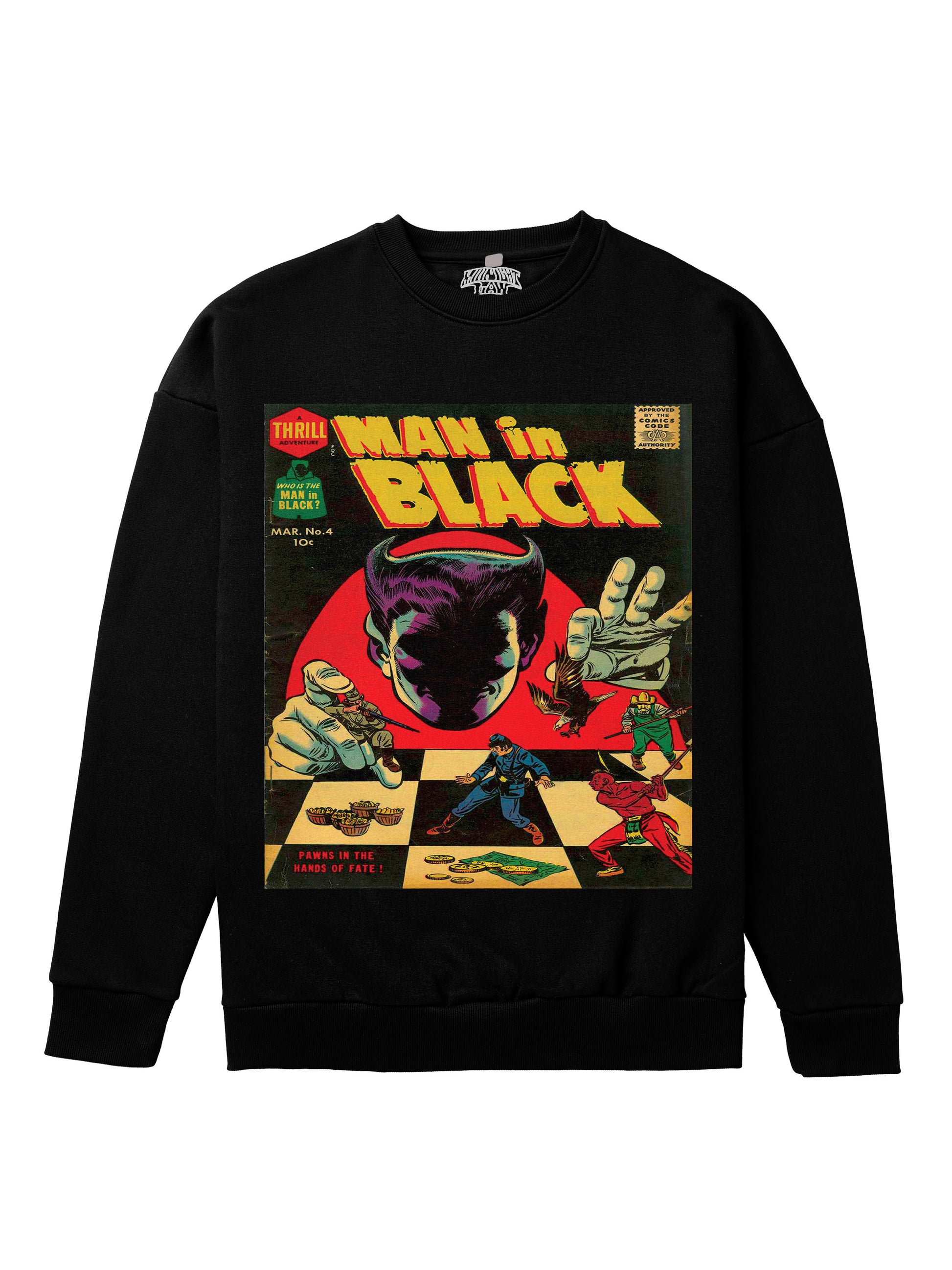 Man in Black Heavyweight Sweatshirt [Unisex] - 400 GSM-Comic 50s Collection featuring t-shirts, oversized t-shirts, hoodies, and sweatshirts with vibrant, retro comic-inspired designs, combining bold style and comfort