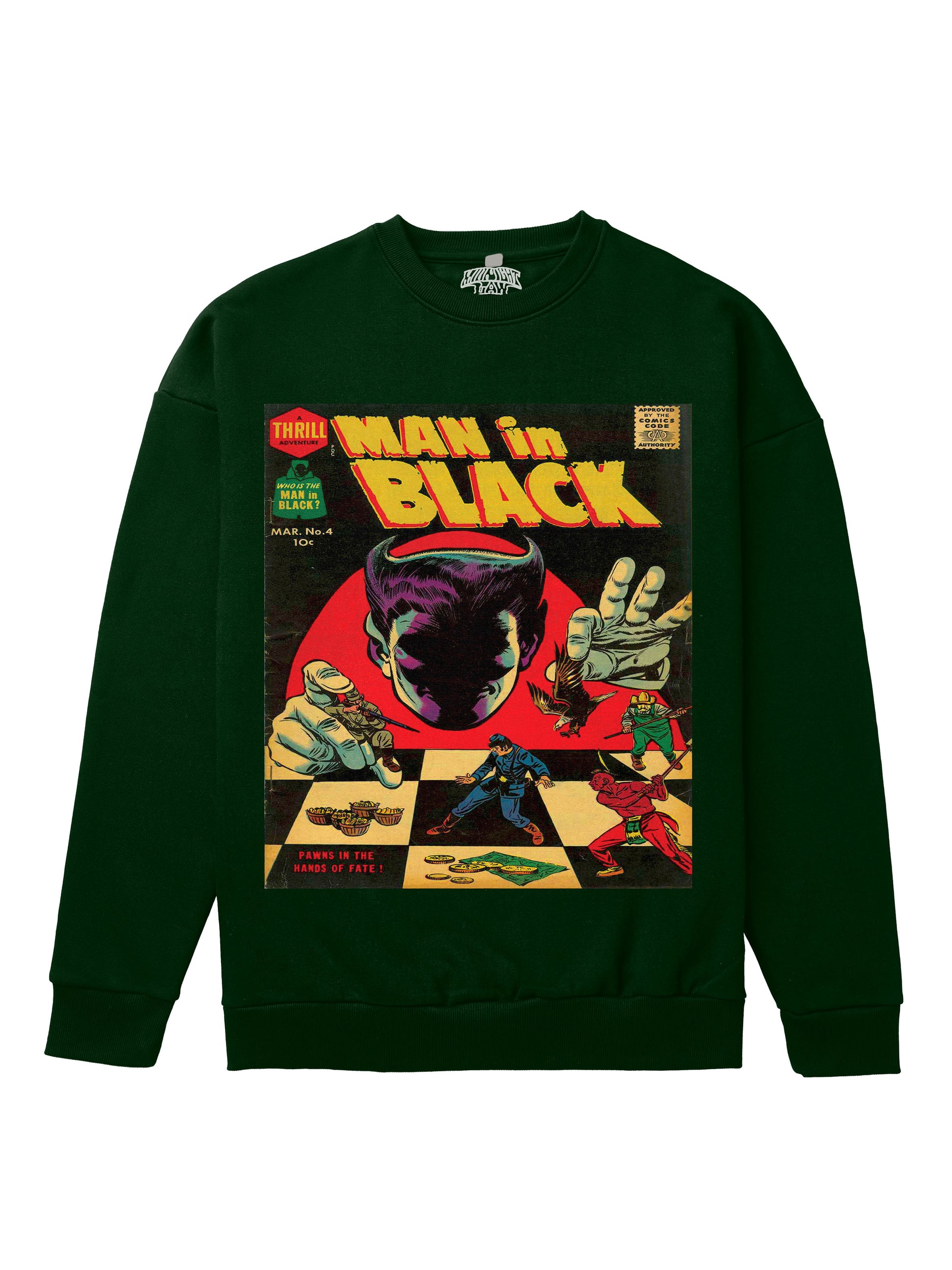 Man in Black Heavyweight Sweatshirt [Unisex] - 400 GSM-Comic 50s Collection featuring t-shirts, oversized t-shirts, hoodies, and sweatshirts with vibrant, retro comic-inspired designs, combining bold style and comfort